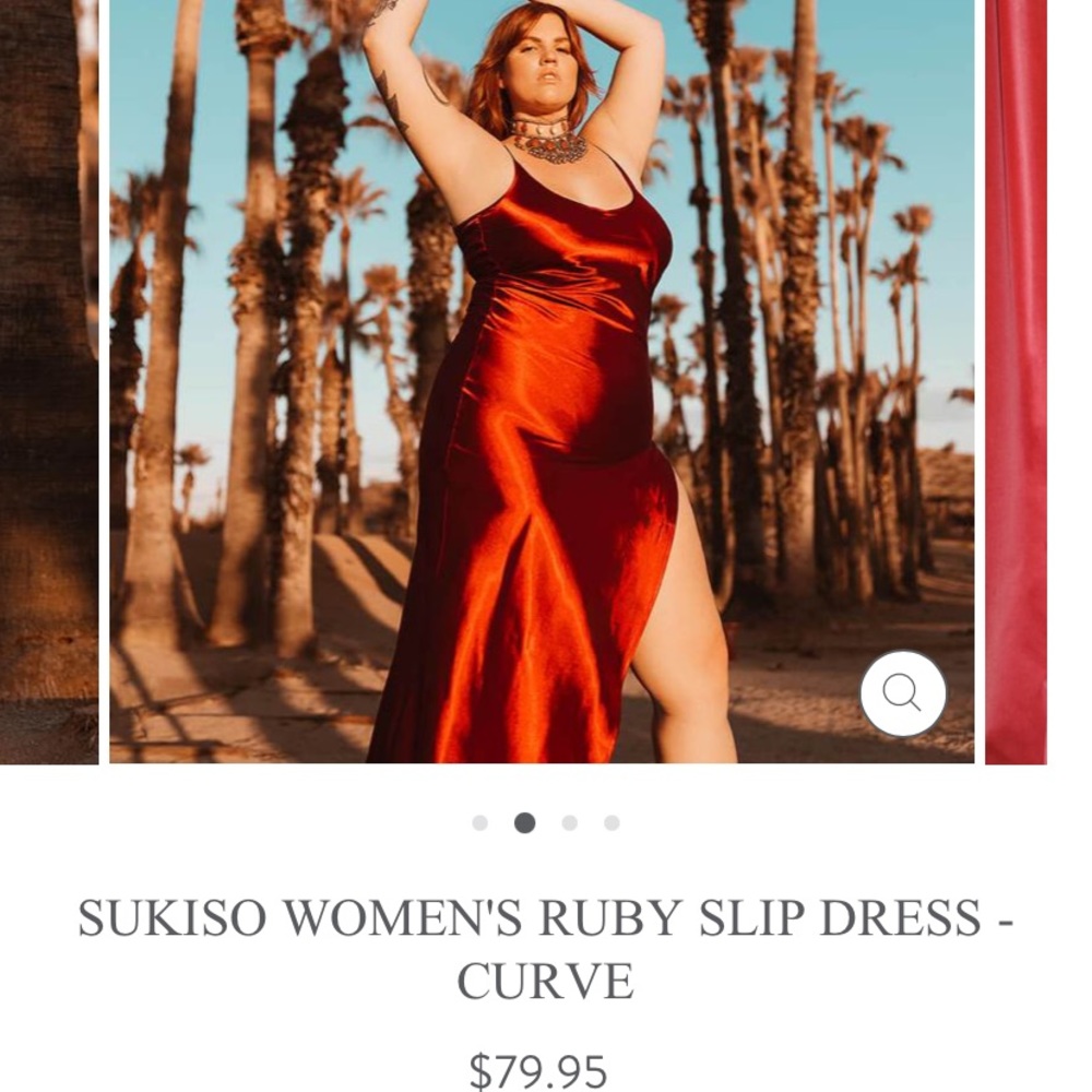 Sukiso silky satin long ruby red slip dress w slit - Picture 2 of 11